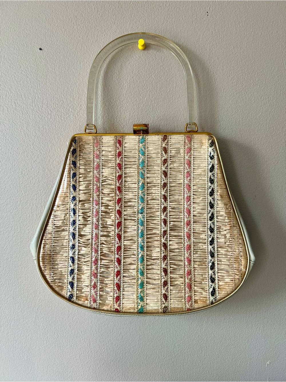 Vintage 50s Garay Raffia Ribbon Handbag Lucite Handle Vinyl Set